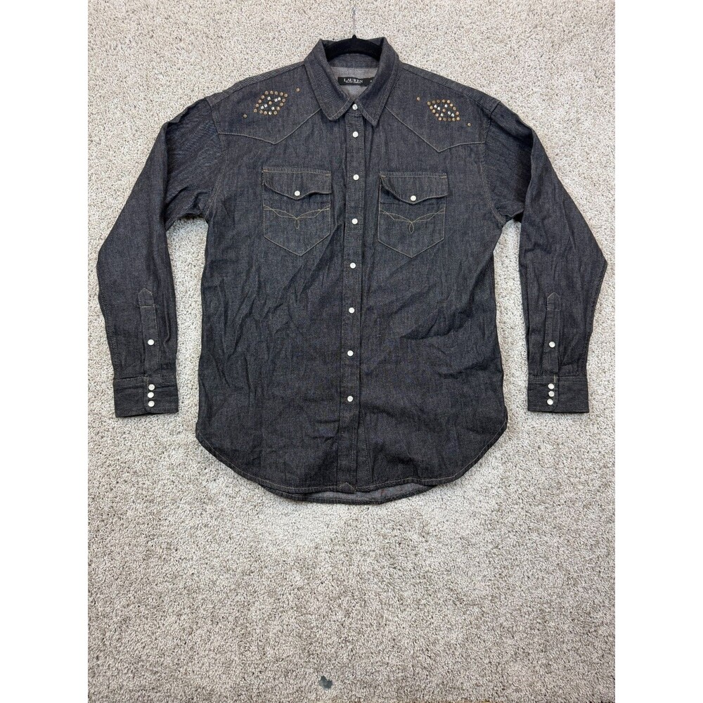 Lauren Ralph Lauren Mens M Black Denim Western Shirt Studded Pearl Snap Cotton